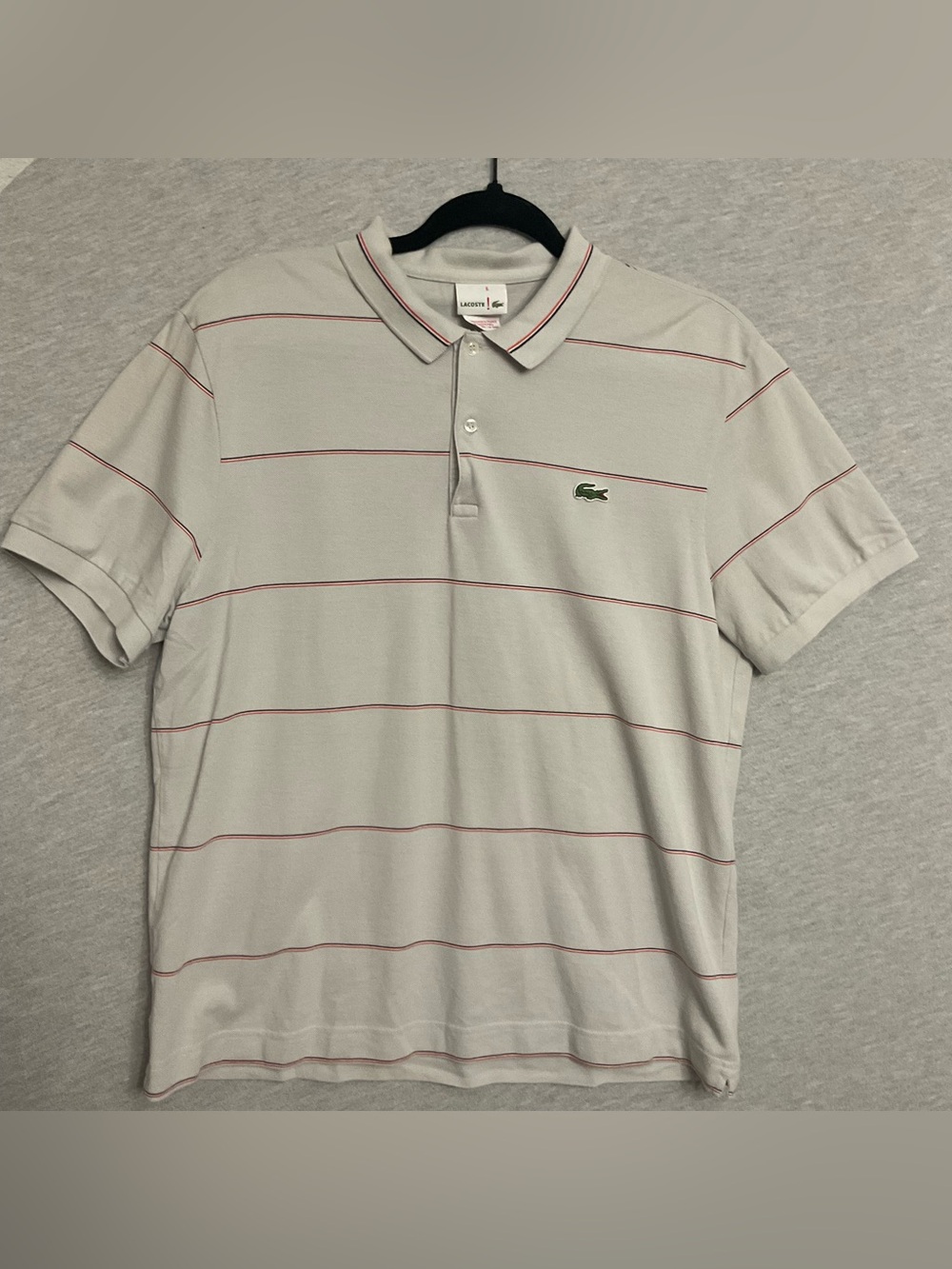 Lacoste Men's Light Gray Polo with Thin Red Stripes
